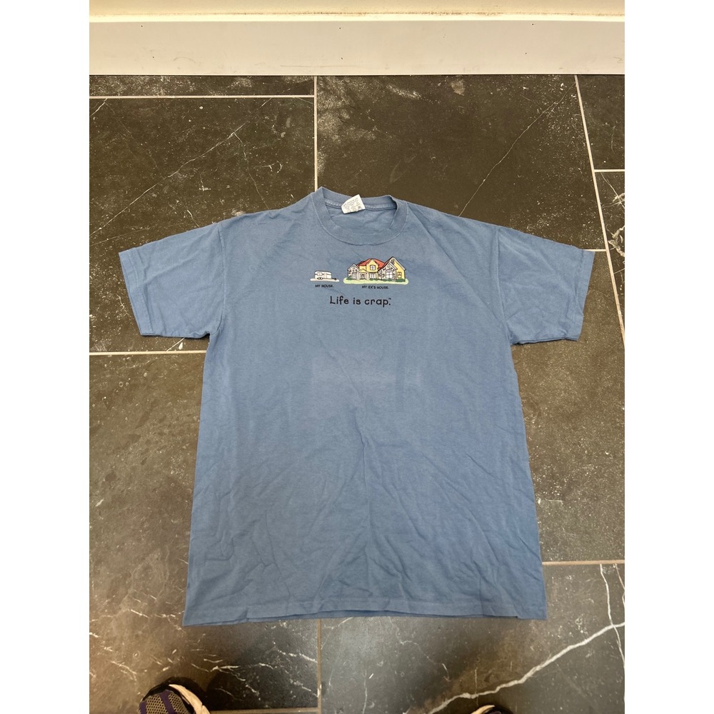 Life is Crap Mens T-Shirt XXL Blue My House vs My Exs House Graphic Tee Humor